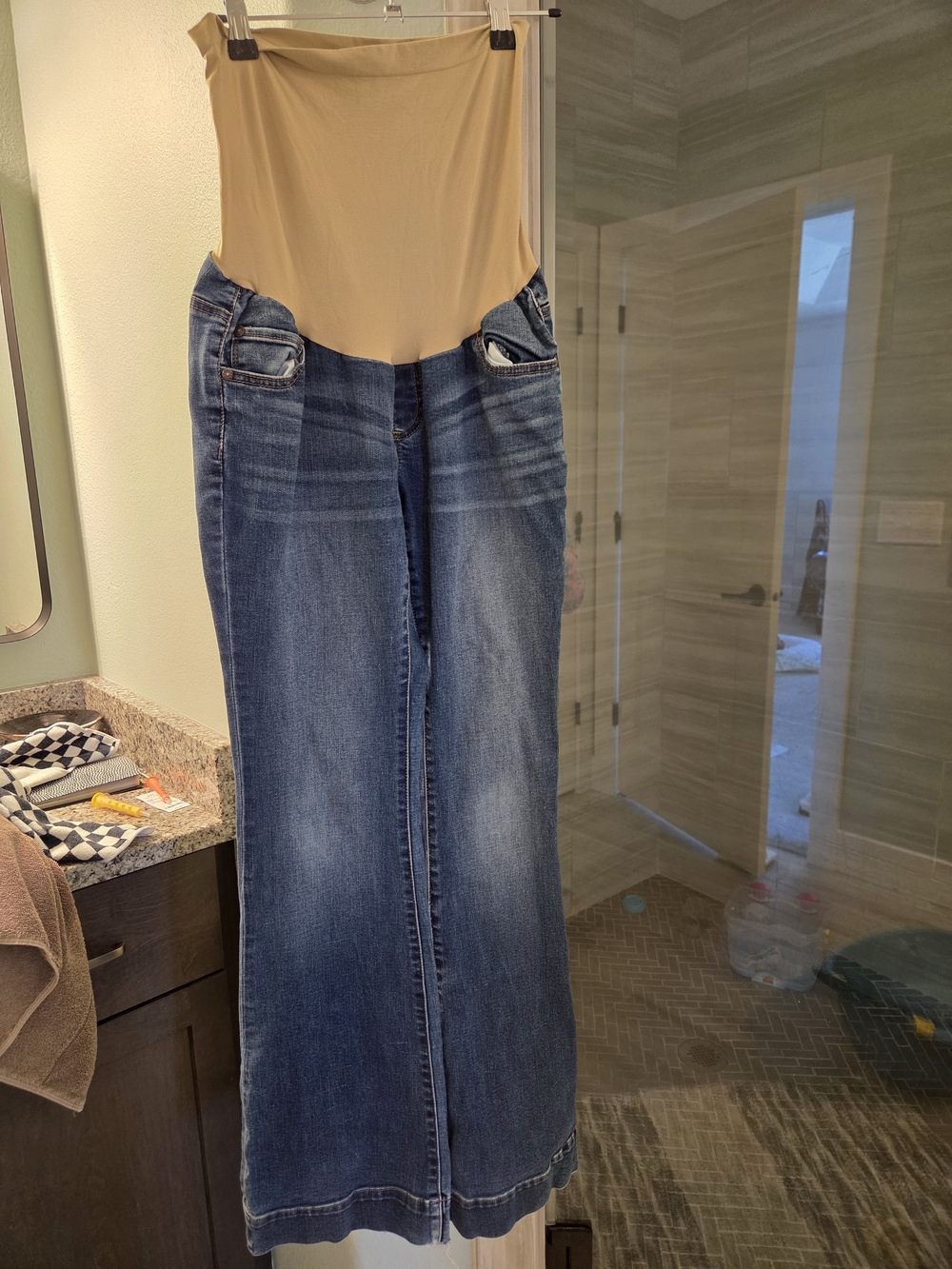 Indigo Blue Beige-Panel Wide Leg Maternity Jeans in Blue Denim
